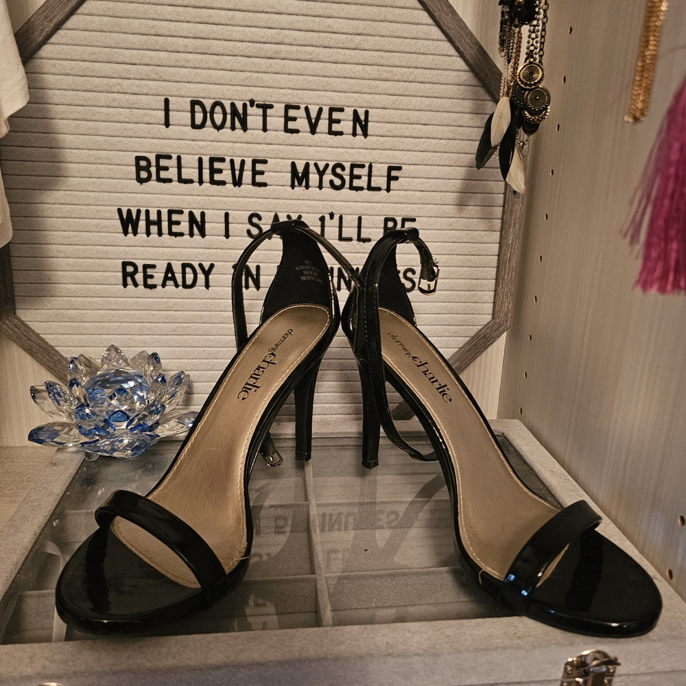 New Glossy Black Strappy Heels